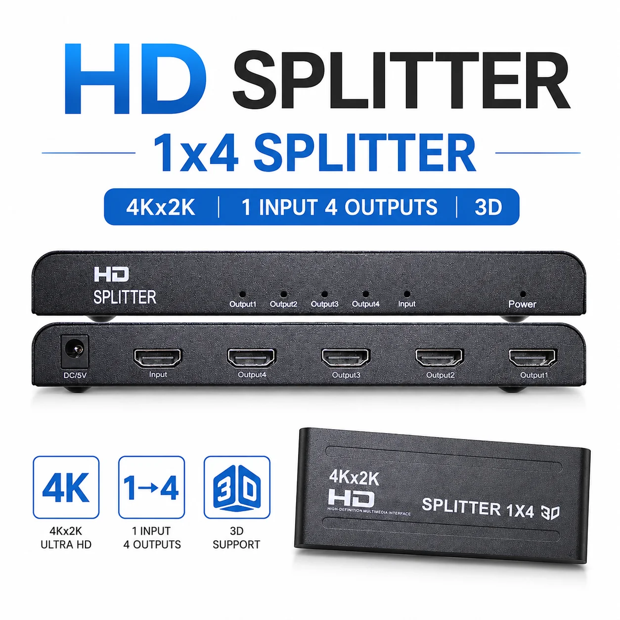 4K HD Splitter 1 in 4 out HD Video Distributor Splitter 1x4 Splitter Copy Display for HDTV PC Loptop TV