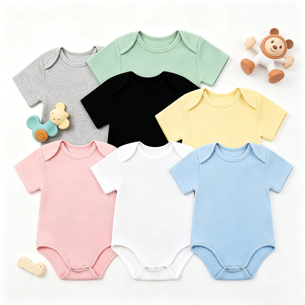 

3pcs/pack Cotton Baby Bodysuit Summer Solid Color Short Sleeve Onesie Newborn Jumpsuit Skin-friendly Baby Rompers For 0-24M