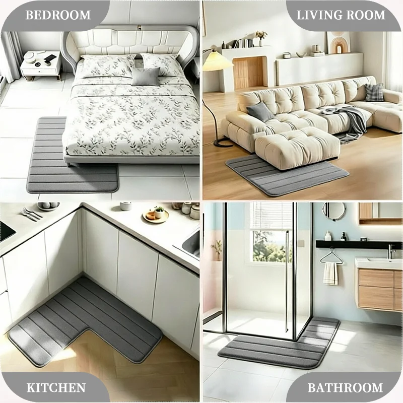 1 Stück L-förmige, rutschfeste und saugfähige Badematte, dicke, schnell trocknende Fußmatte aus Korallenfleece, mit horizontalen Streifen geprägtes Design, geeignet für Hotels, Gästehäuser und den privaten Gebrauch, rutschfester und schmutzabweisender Teppich für den Duschbereich im Badezimmer. – Detail 8