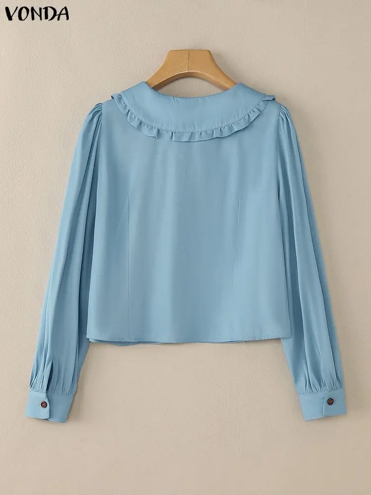 VONDA Fashion Shirts Women Long Puff Sleeve Casual Solid Blouse Spring Autumn Peter Pan Collar Elegant Office Lady Female Tops