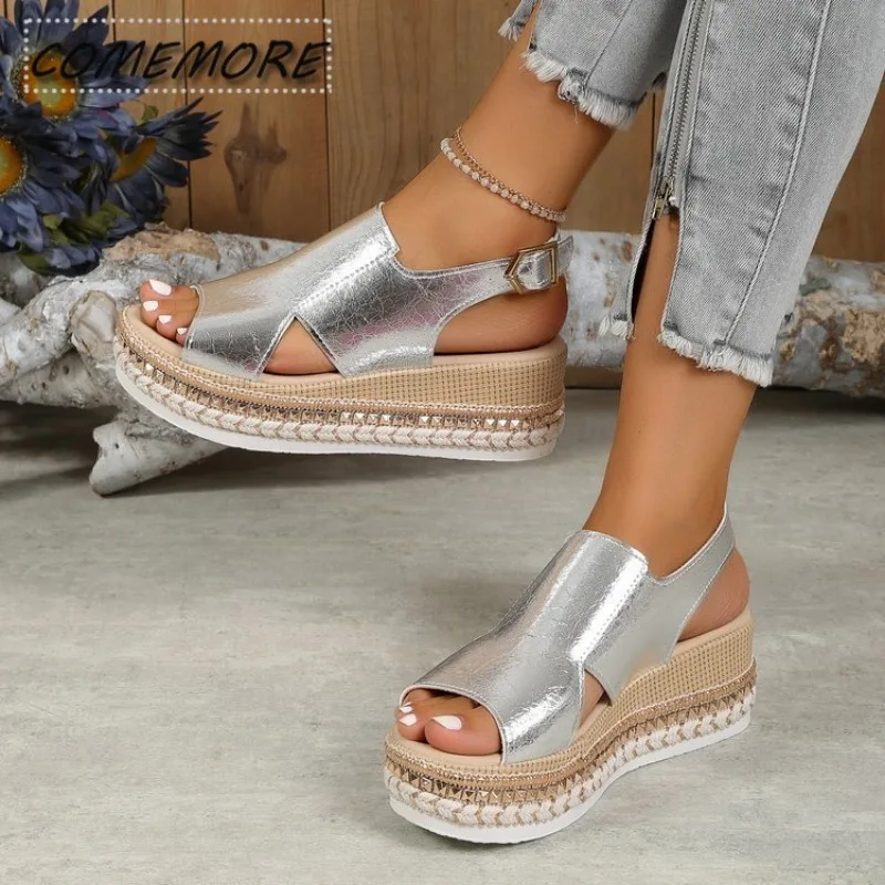 2024 New Black Wedge Women\'s Sandals Summer Fashion Elegant Platform Leisure Women Shoes High Heel Golden Heels Designer Sandals