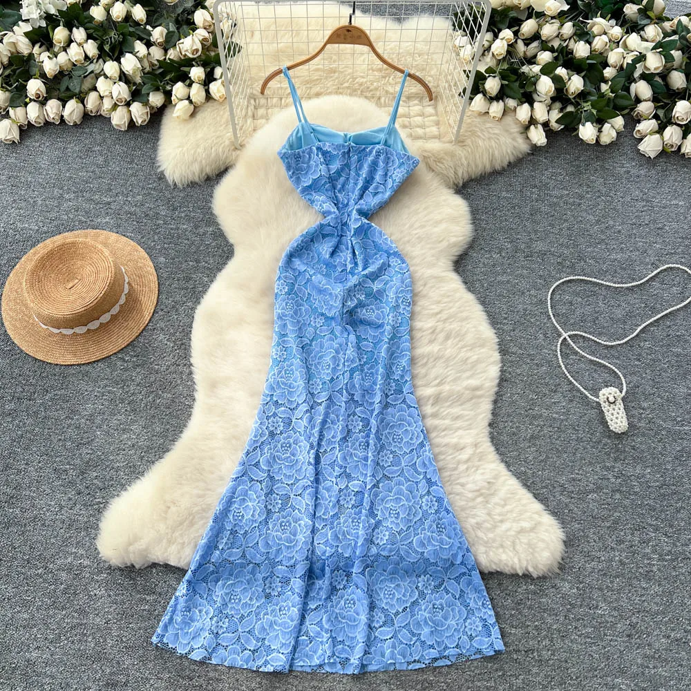 High-end ชุดสตรีหรูหรา Socialite Heavy Cutout โครเชต์ลูกไม้ Camisole ชุดสตรีภาษาฝรั่งเศสคําเอว-cinching ชุดยาว