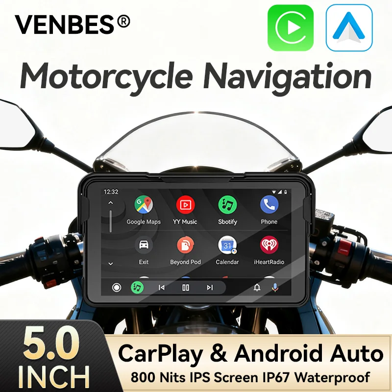 

VENBES 5" Motorcycle Carplay GPS Navigation Wireless Android Auto Carplay Portable Type-C Bluetooth IP67 Waterproof