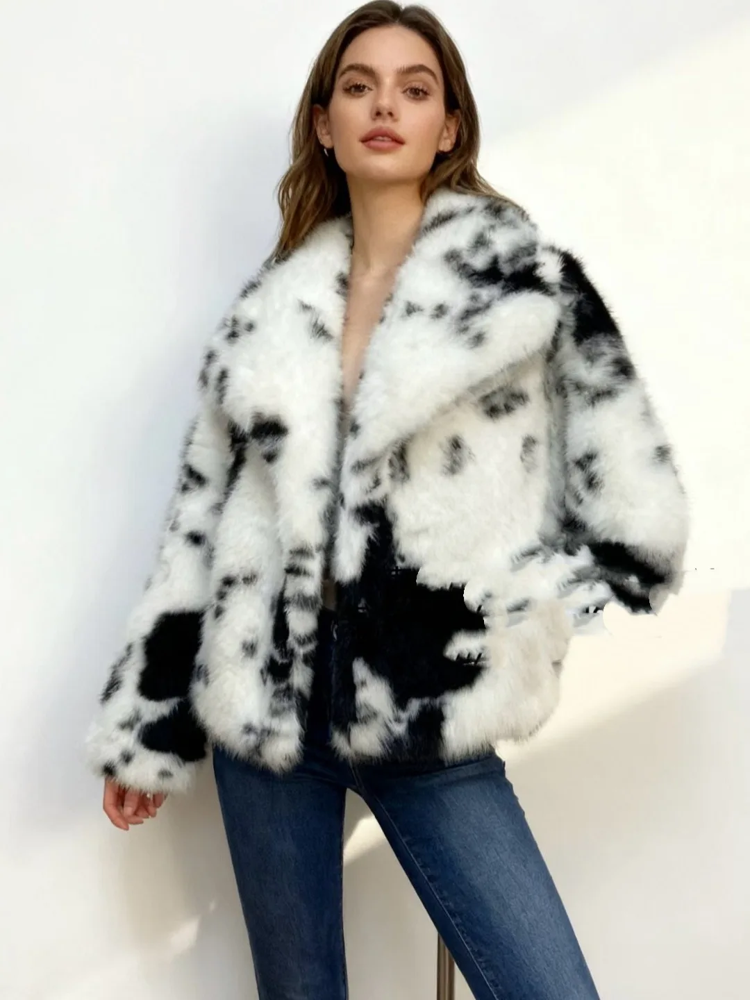 Nuevo abrigo de invierno de piel de vaca cálida con cuello grande para mujer, Top moderno y cálido de fibra de poliéster, cintura alta...