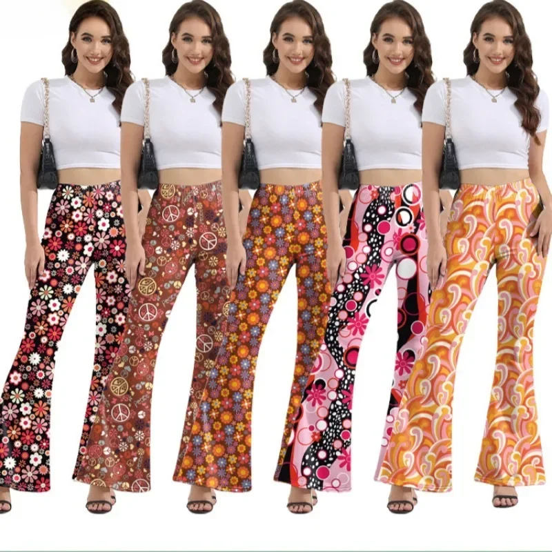 60s 70s تأثيري المرأة البوهيمي نمط الهبي زي السراويل جرس أسفل بوهو السراويل متوهج السراويل الرجعية بنطلون لحزب 70s موضوع