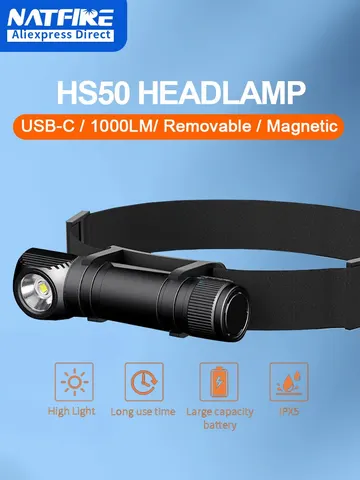NATFIRE HS50 Headlamp Rechargeable 3400mAh Headlight 1000LM LED USB C Rechargeable Magnetic Tail Work Camp Light