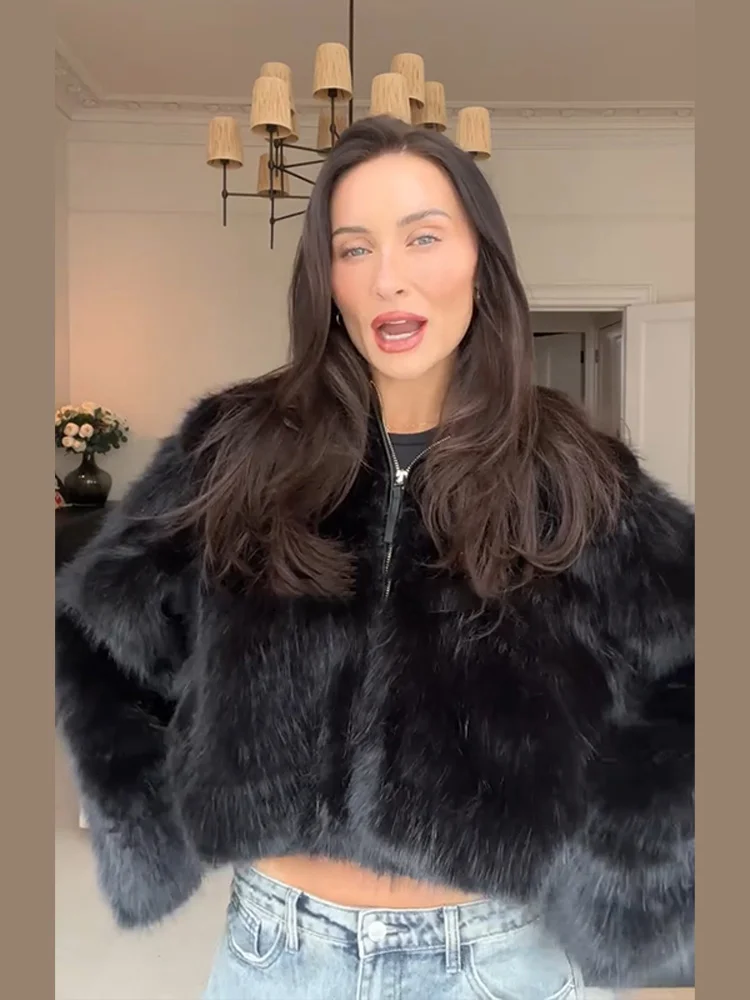 2025 herbst Winter Chic Schwarz Faux Pelz Hoody Frauen Mantel Casual Langarm Reißverschlüsse Weibliche Outwear Elegante Kurze Dame Outwear