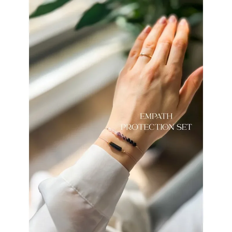 طقم سوار واقي من Empath ، حجر عين النمر ، حماية الطاقة ، الجمشت ، التورمالين الأسود ، الكوارتز الوردي