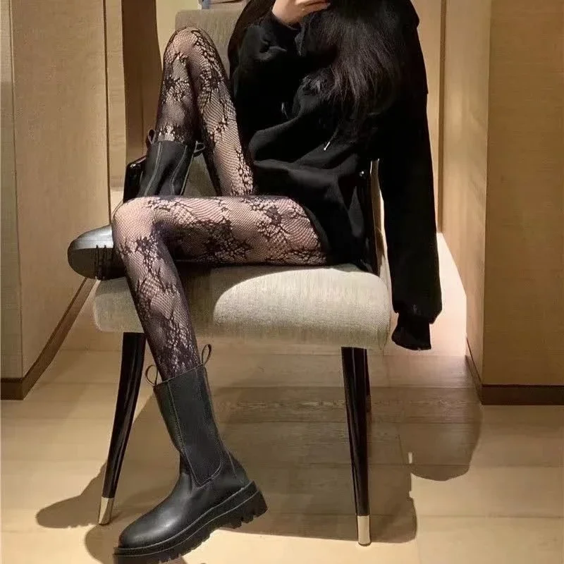 Gothic Fishnet Stockings Black Tights Women Sexy Nylon Sheer Pantyhose Lolita Hollow Out Floral Lace Pantyhose Cosplay Plus Size