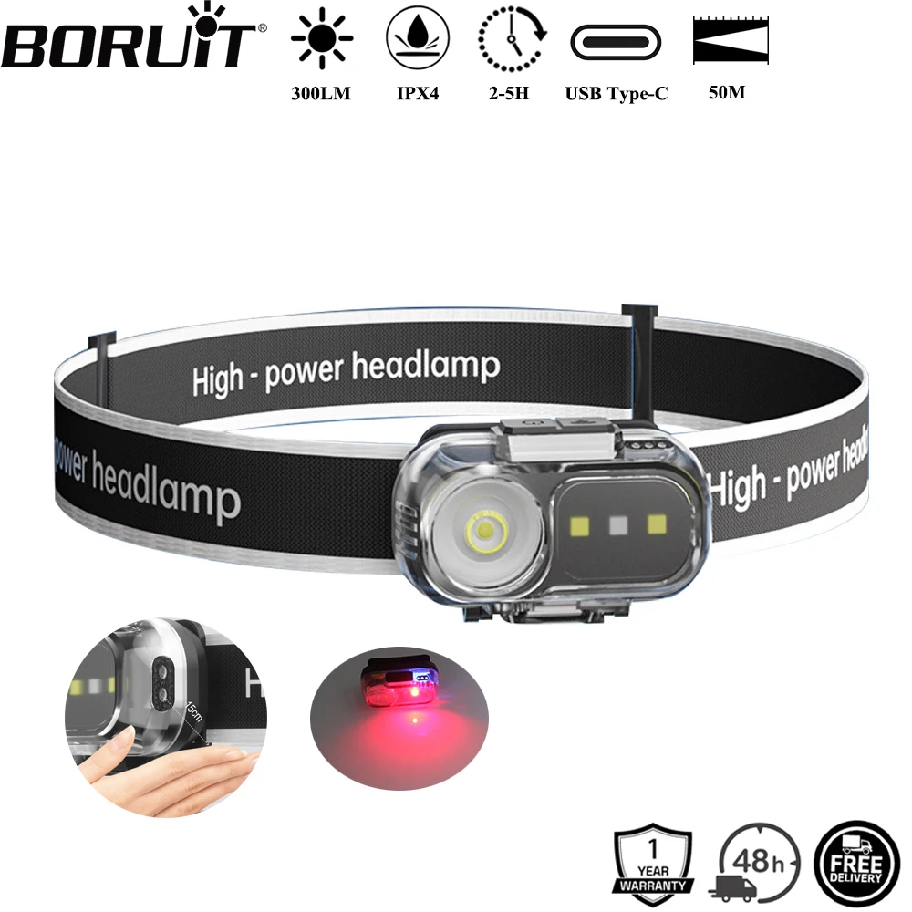 BORUiT 300LM الأحمر والأبيض محس حركة LED كشافات صغيرة نوع-c مصباح أمامي قابل لإعادة الشحن مقاوم للماء التخييم الصيد رئيس الشعلة