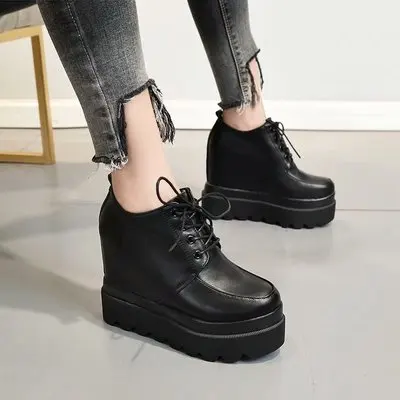 2021 High Platform Patent Leather Casual Shoes Women Autumn Wedge Trainers For Women 12 CM Height Increasing Sneakers Black