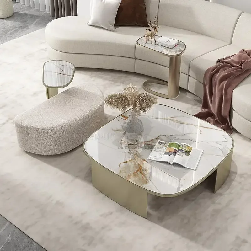 Luxury Living Room Small Furniture With Marble Pattern A Set Of 3 White Coffee Table Postmodern Sofa Side Table Combination