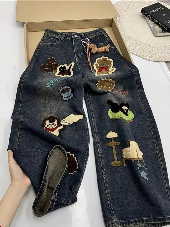 

American Street Sle Cartoon Embroidered Wide Leg Jeans Women's Autumn Winter Straight Cut Floor-Length Pants Dra Sense
