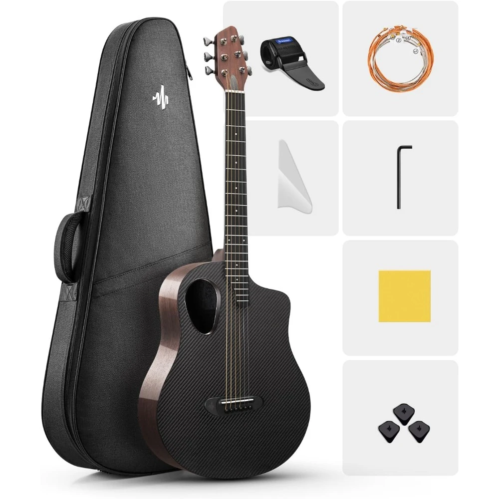 X Wood Acoustic Guitar Beginner & Intermediate Learner Kits - Carbon Fiber Top, Wooden Bowl, 38