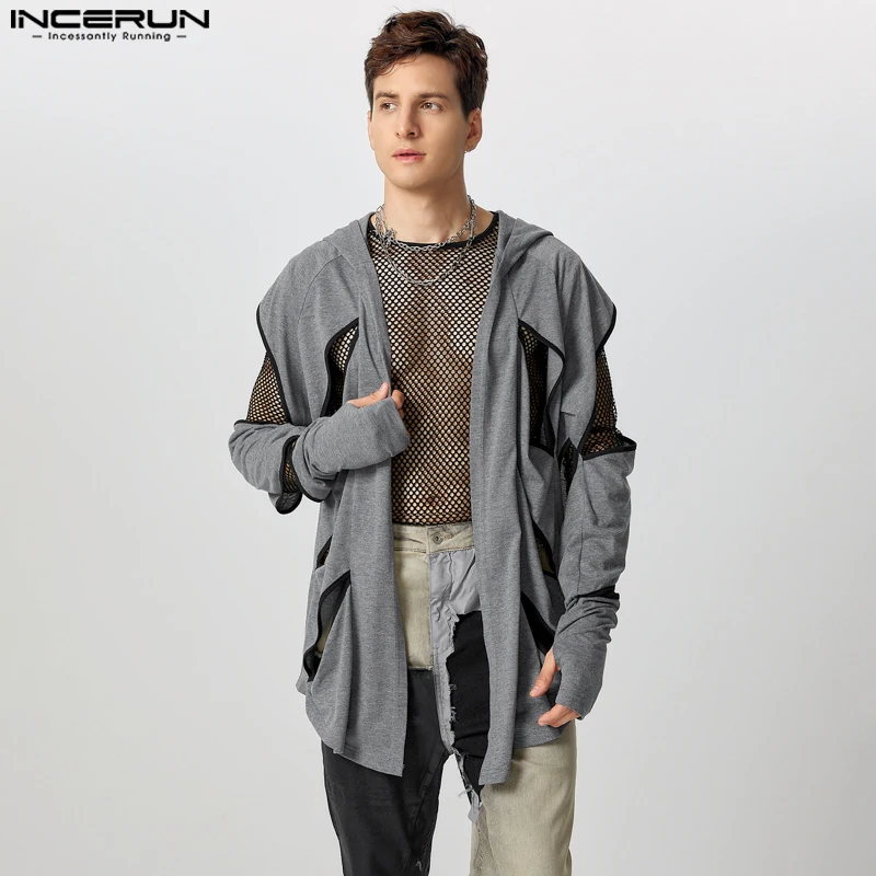 INCERUN Tops American Style Fashion Men's Deconstruction Hollowed Cardigan Kimonos Casual Solid Half Thimble Long Sleeved Trench