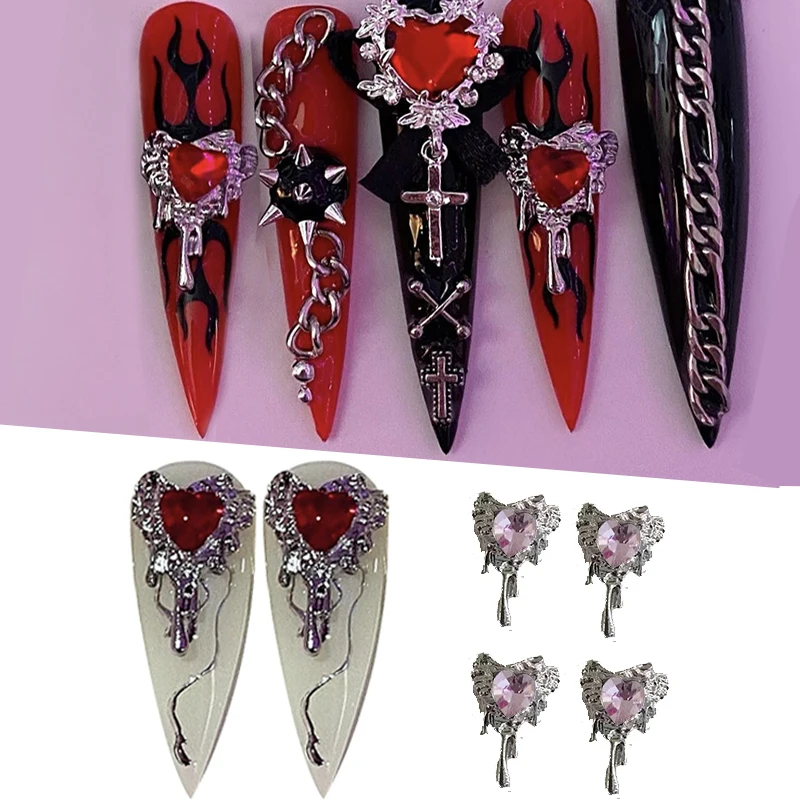 10pcs cuore Nail Charms strass Charms 3D metallo Nail Gems gioielli Crystal Punk Heart accessori per Manicure