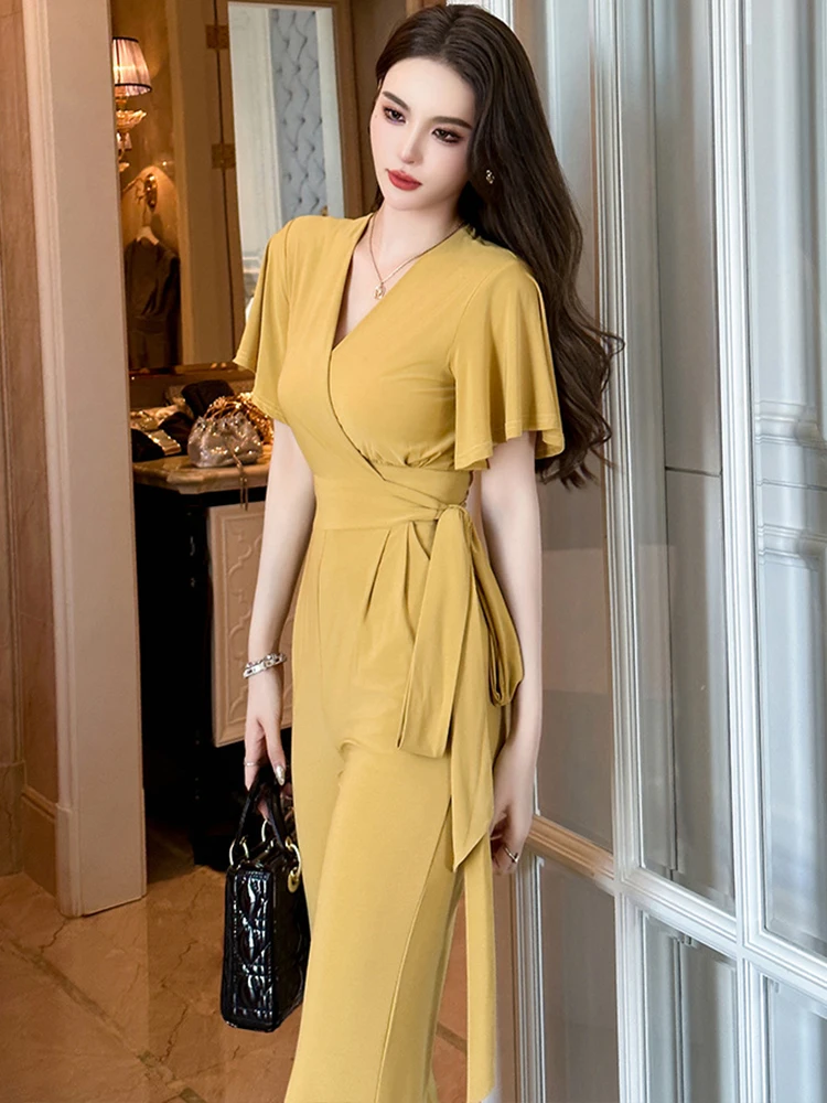 夏のワンピースジャンプスーツ女性エレガントカジュアルシンプルな半袖 V ネックレースアップ女性 Mujer ストレッチワイドレッグロングロンパース