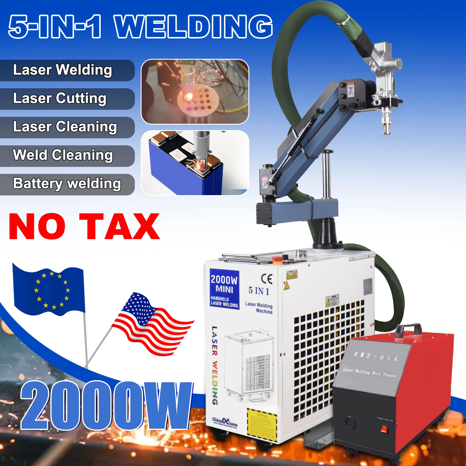 US Stock 2000W 5-IN1 Laser Welder 1500W Welding Machine  Fiber Laser Industrial Rust Remove Cutting Machine Battery Welding Double pendulum 220V