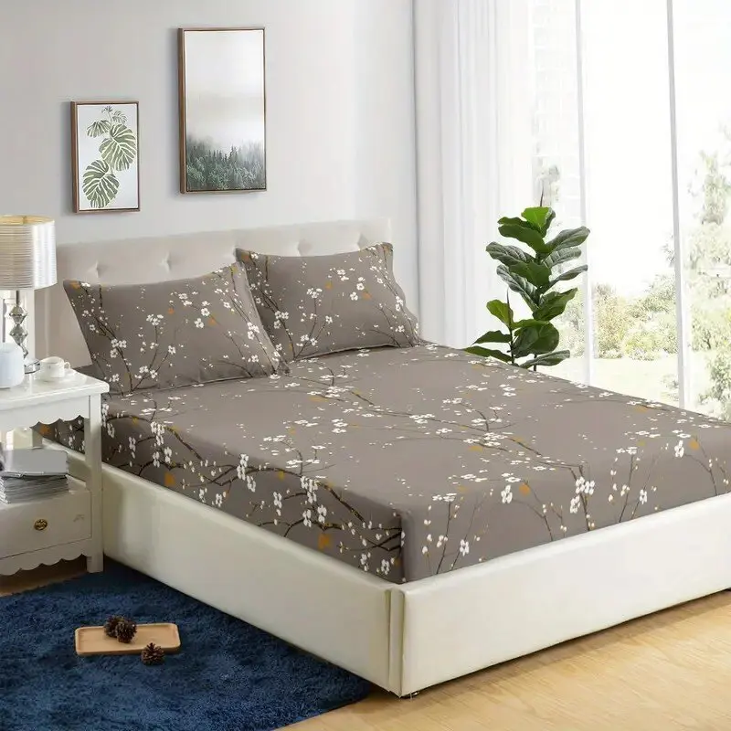 3PC Plum Blossom Bed Sheet, Fitted Sheet*1, Pillowcases*2, No PillowCore, 100% Polyester, Elastic Mattress Protective