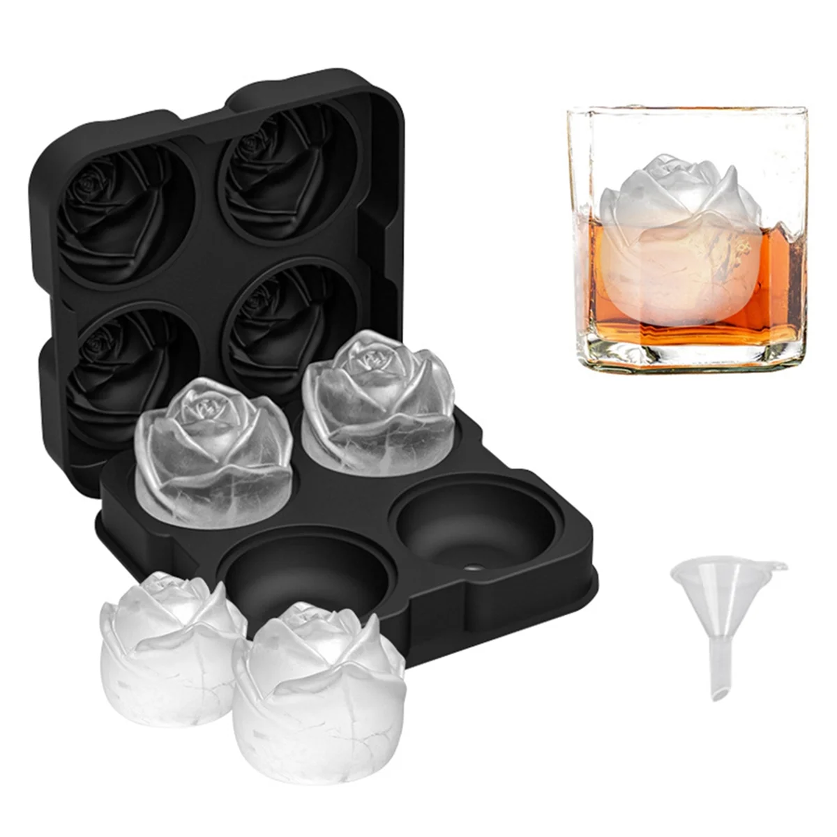 4PCS Silicone Ice Mold Tray Stackable Silicone Ice-Cube Mold for Whiskey Cocktails Beverages Iced Tea Bloom Rose Mold