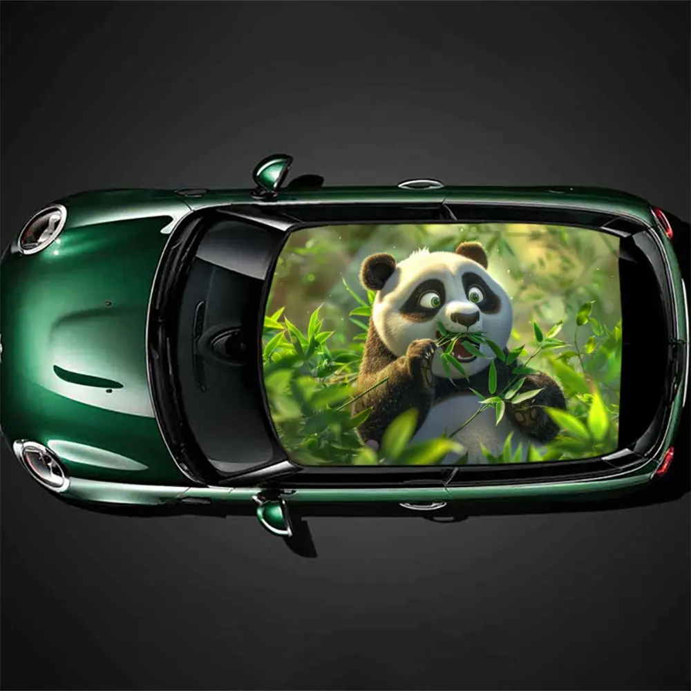 Cartoon Panda Eating Bamboo Car Roof Sticker Wrap Racing SUV Auto Accessories Packaging PVC Car Hood Graphic Decal Decoration