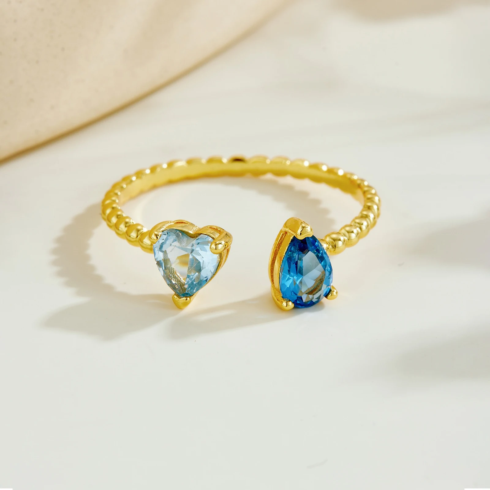 VEWANT Women 925 Sterling Silver Beaded Open Ring with Blue Teardrop & Heart Adjustable Dainty Gift for Wedding Party