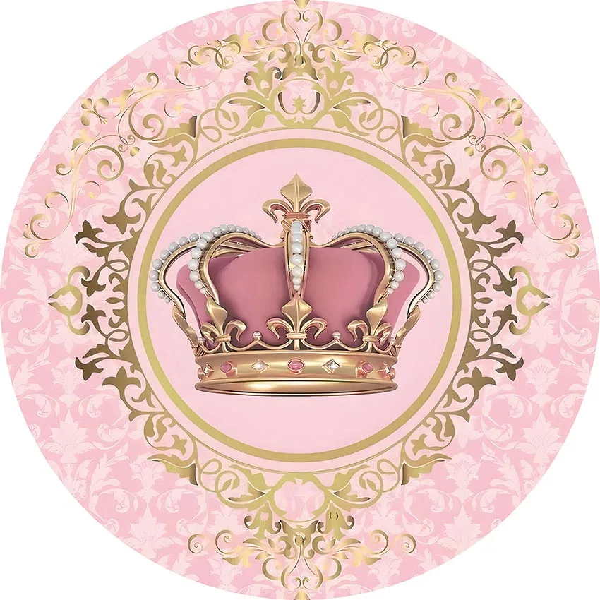 Mehofond Pink Crown Round Backdrop Girl 1st Birthday Backdrop Baby Shower Little Princess Circle Cover Elastic Decoration Props