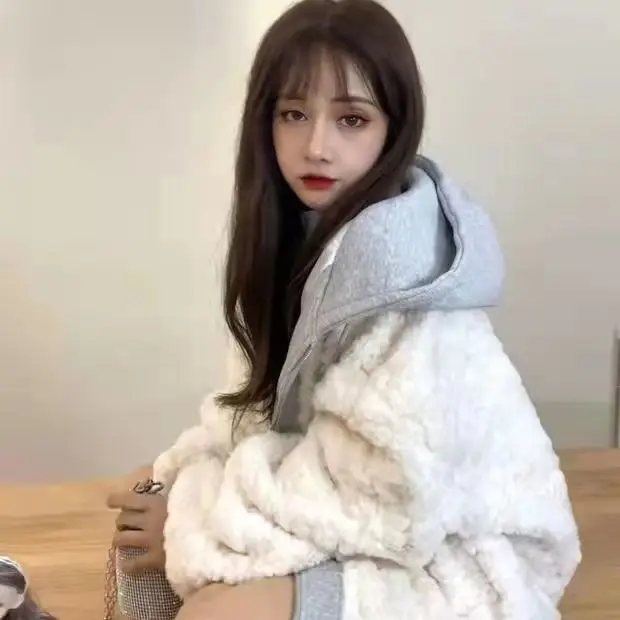 Fur Jacket Autumn and Winter New Korean Version Loose Casual Versatile Imitation Lamb Wool Hooded Fake Two-piece SetThick Hoodie