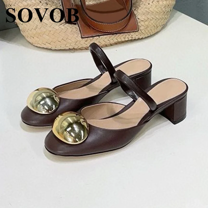 

Spring/Summer Genuine Leather Metal Egg Buckle With Slippers Women's High Heel Round Toe Mules Versatile Single Shoes Lazy Shoes