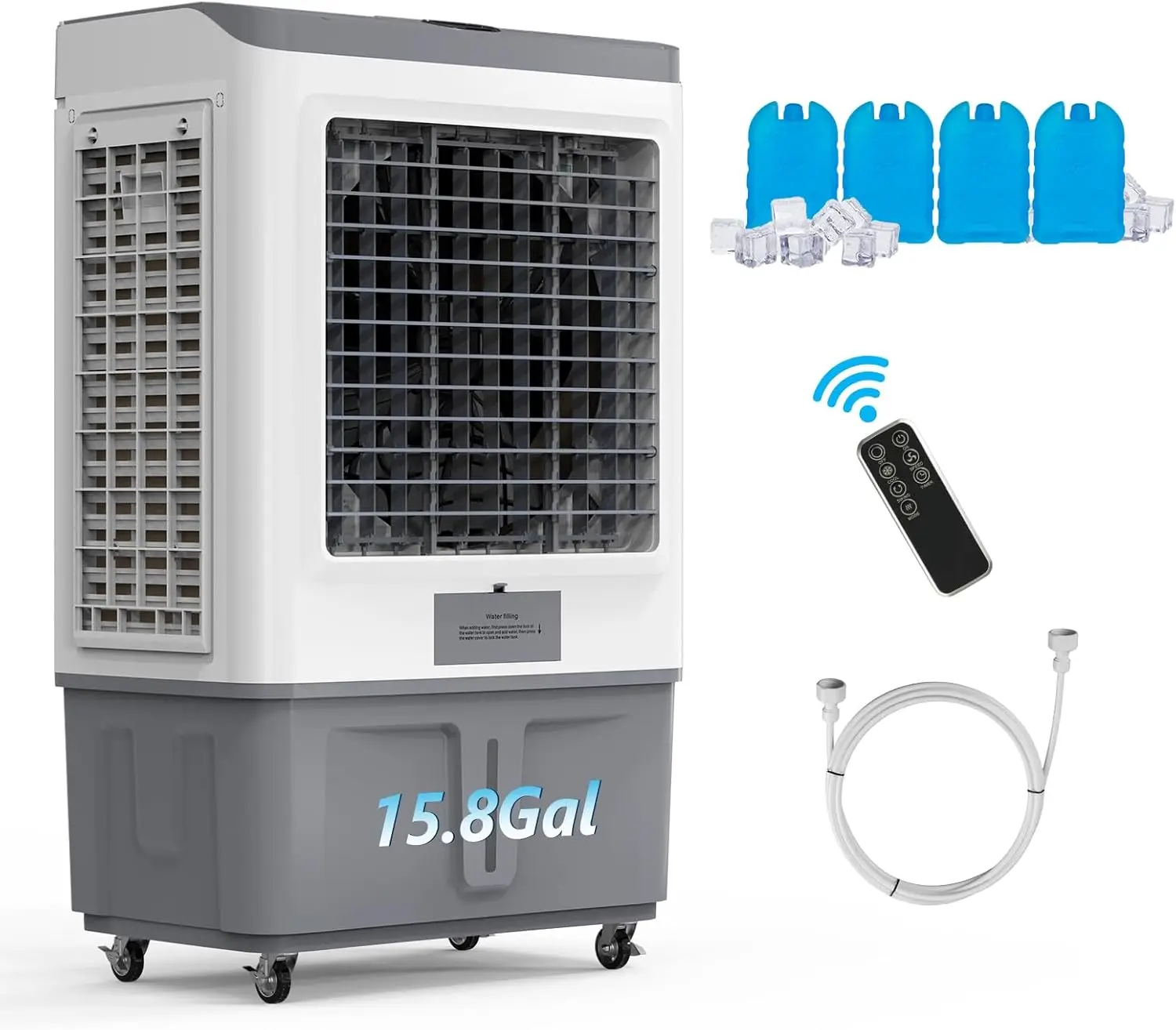 

15.8 Gallon Portable Evaporative Cooler, 2900 CFM Swamp Cooler with Auto Oscillation, Remote Control, 3 Speeds, 12-Hour Timer, 4 Ice Packs & Continuous Fill, 3-in-1 Humidifying Cooling Fan for Indoor and Outdoor Use