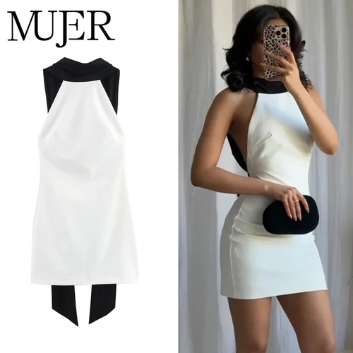 MUJER Vestido corto blanco con espalda descubierta para mujer, vestidos de fiesta elegantes con cuello Halter para mujer, minivestido con hombros descubiertos, novedad en vestidos para mujer