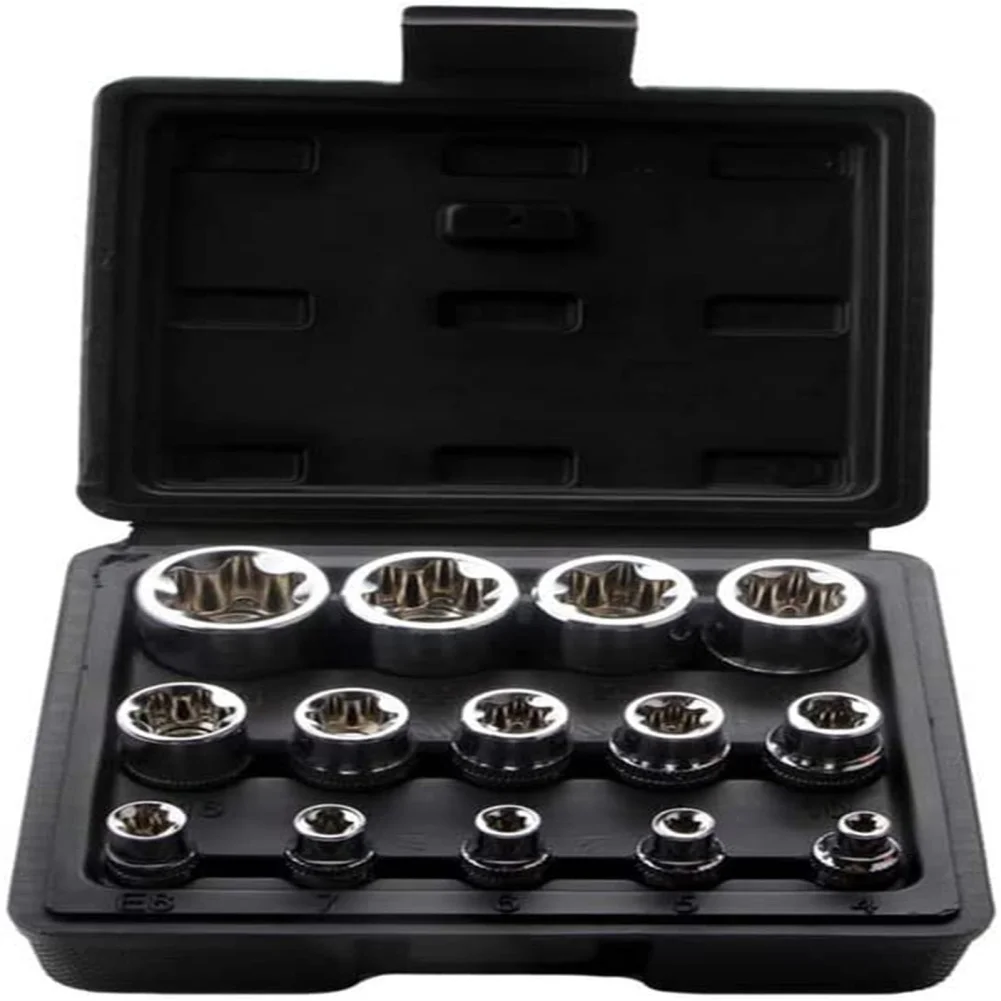 Juego de enchufes E-TORX de 14 piezas, Kit de enchufes de estrella de torsión externa hembra E-4 E24 con estuche de almacenamiento, 1/4 ", 3/8" y 1/2"