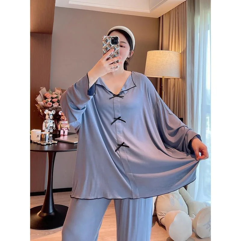 150kg Large Size Autumn Pajama Button Up Long Sleeve Shirt and Trousers Women Loose Home Clothes Solid Bow V-neck Two-piece Set