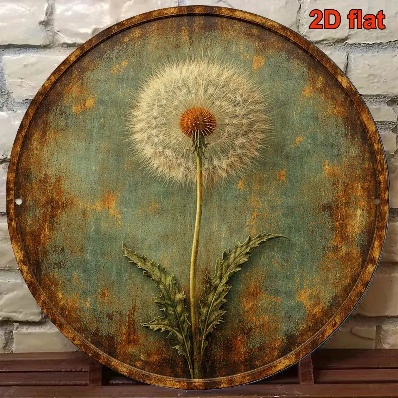 2D Flat, 2DFLAT 1pc 8x8in/20x20cm 2D Flat Round Sign, Vintage Dandelion Plaque, Natural Plant Decorative Sign, Suitable for Livi