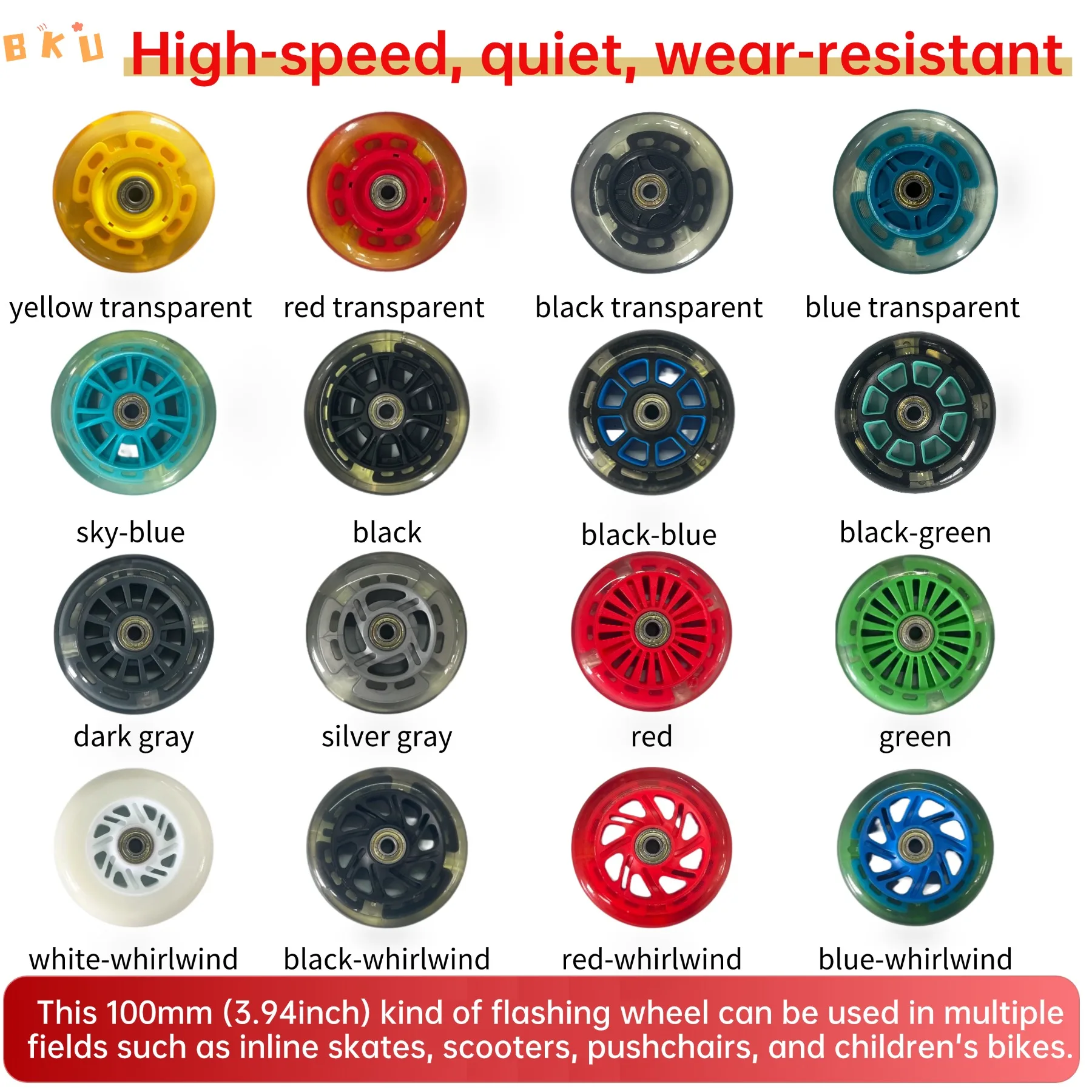100mm (4-inch) Flash Roller Wheels - Mute, Durable Light-up PU Wheels, Suitable for Inline Skates and Scooters (2-Pack)