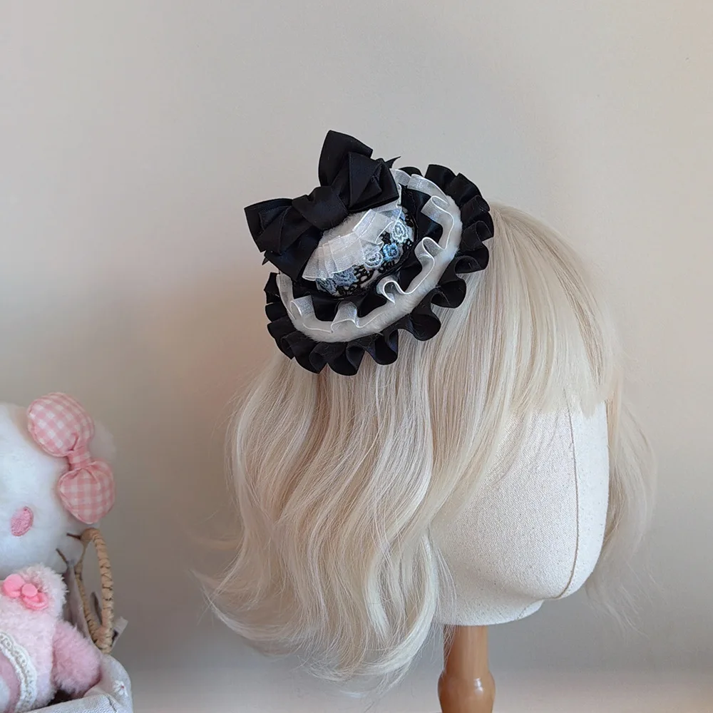 اليدوية لوليتا الوردي القوس أفضل قبعة الدانتيل الدانتيل منقار البط كليب تاج اللؤلؤ إكسسوارات الشعر الصورة