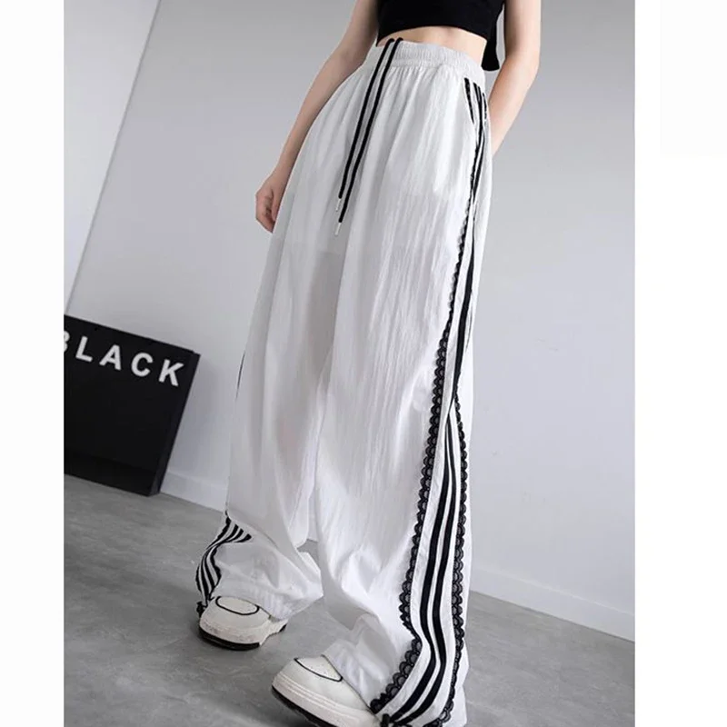 สาวเก๋ออกแบบกางเกงขาตรงเลดี้ถุงกางเกงแห้งเร็วหญิงลายเอวสูงกางเกงลําลอง