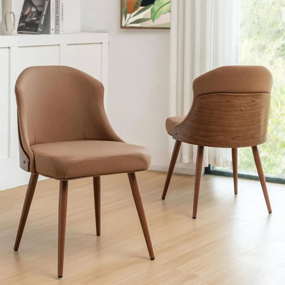 

Set of 2 Brown Dining Chairs - Kitchen & Dining Room Chairs with Upholstered Seat, Cushion Back, Bentwood Frame, Curved Arms, Ki