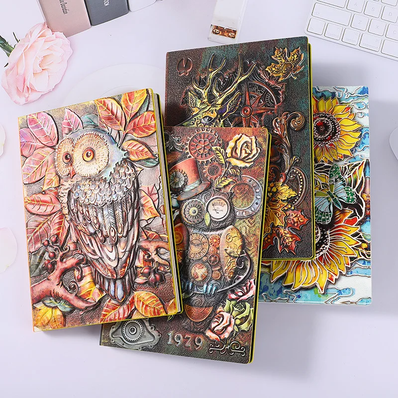 A5 Vintage Notebook PU Embossed Animal Log Travel Diary Pen Writing Planner School Note Man Holiday Gift Office Stationery