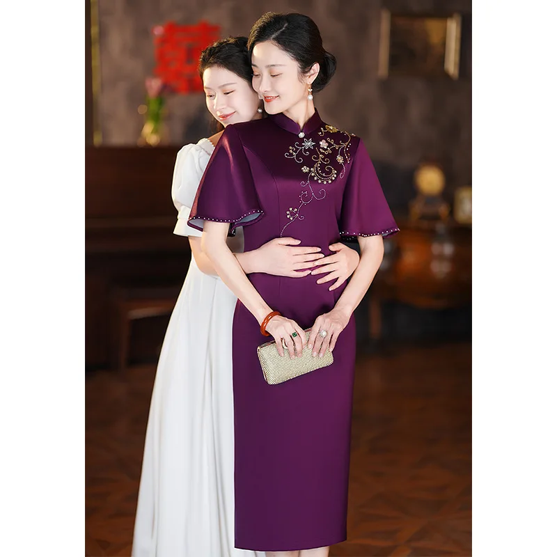 

Yourqipao Plus Size Evening Cheongsams Dresses Mother Of The Bride Dress Chinese Mother Gowns For Weddings Party With Cap Sleeve