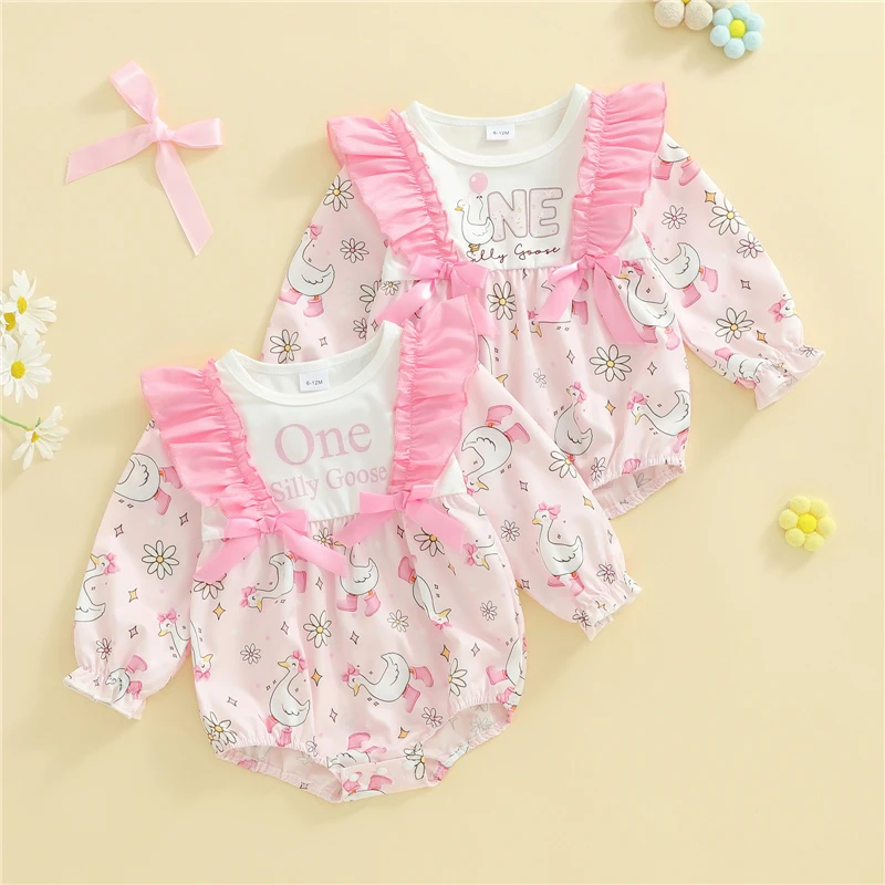 

Комбинезон для маленьких девочек, осенняя одежда для малышей, комбинезон для новорожденных, комбинезон с длинными рукавами и цветочным принтом, с рюшами и круглым вырезом