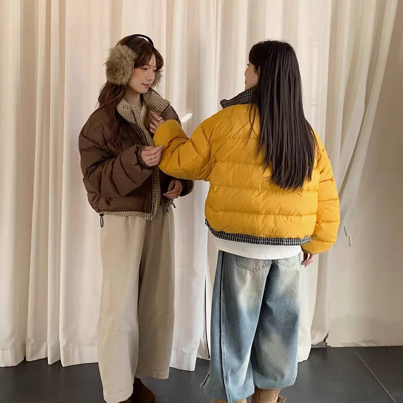 

Winter Grid Splice Short Stand Collar Down Jacket Female Zipper Drawstring Jackets Women White Duck Down Warm Parker Outwears