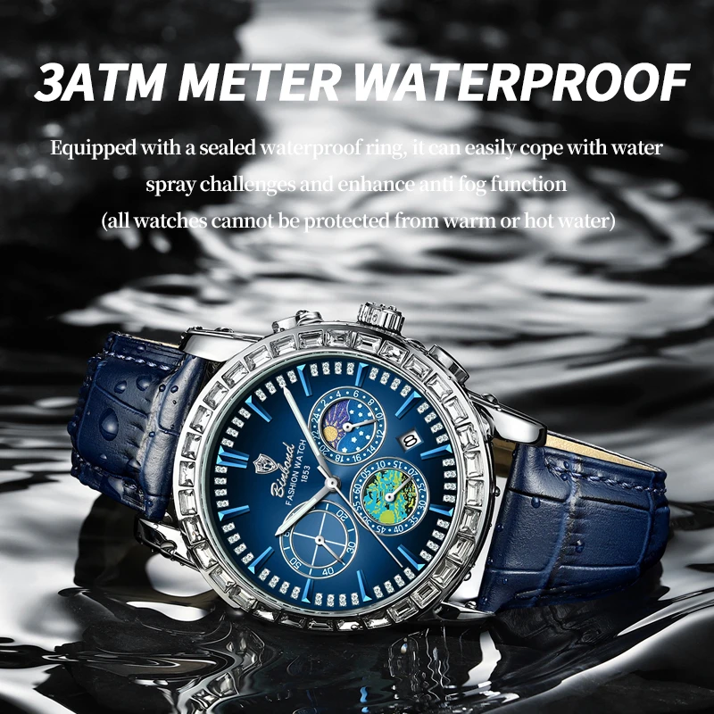 BINBOND Sports Luxury Men Quartz Watch Waterproof Chronograph Luminous Date Man Wristwatch Business Leather Men's Watches Clock