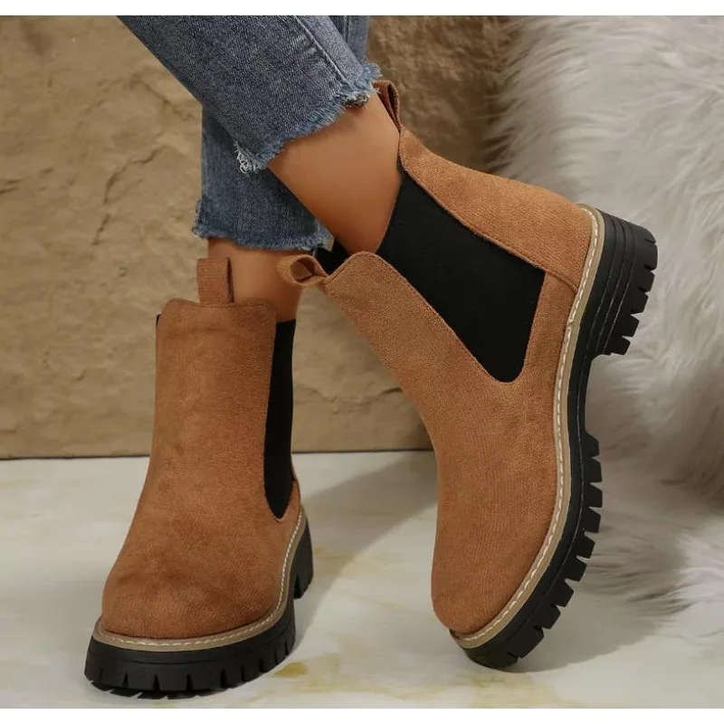 Scrub Leather Women's Inside Heightening Short Boots Platform Chelsea Booties Plus Fleece Warmth Ankle Boots Botas De Mujer