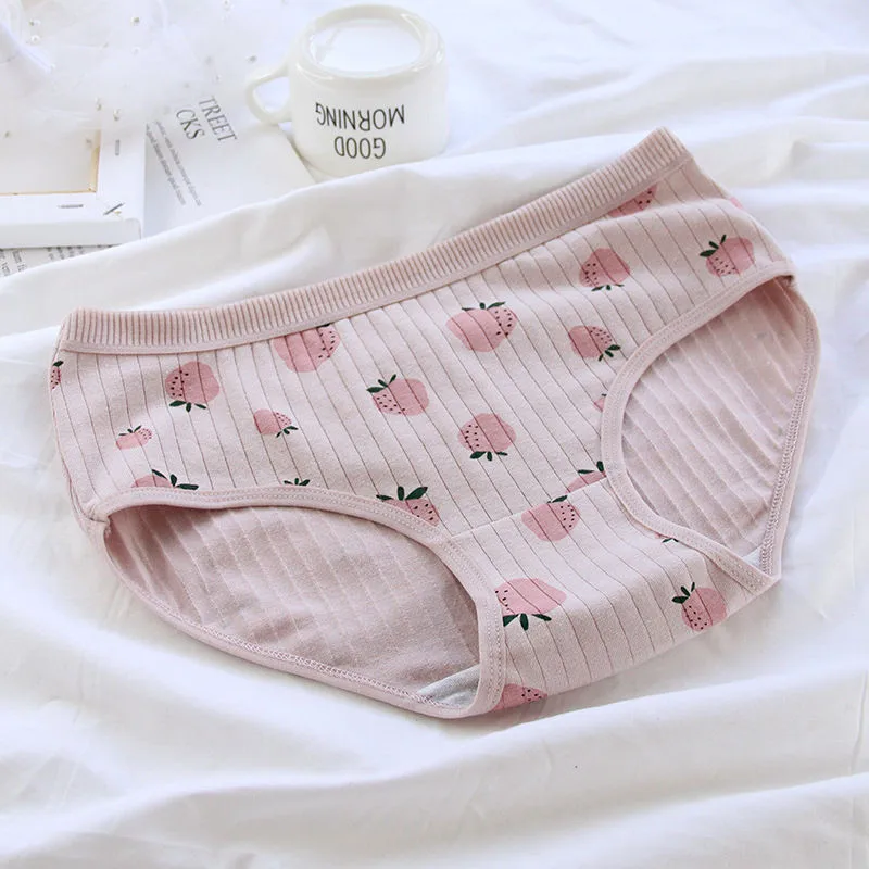 Breathable Cute Sweet Strawberry Girl Briefs Mid Waist Women's Cotton Underwear Female Panties