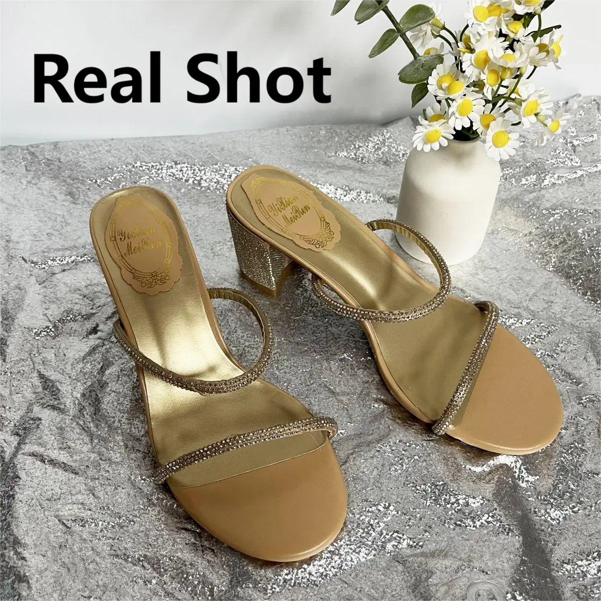 CHMURY Designer Luxury Gold Round Toe Block High Heels Rhinestone Crystal Mules Slippers Sandals Shoes Women Summer 2024 6.5cm