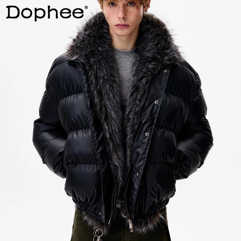 

2025 Winter New Parkas Men Women Fashion American Style Retro Large Faux Fur Collar Faux Leather Parkas Long Sleeve Warm Coats