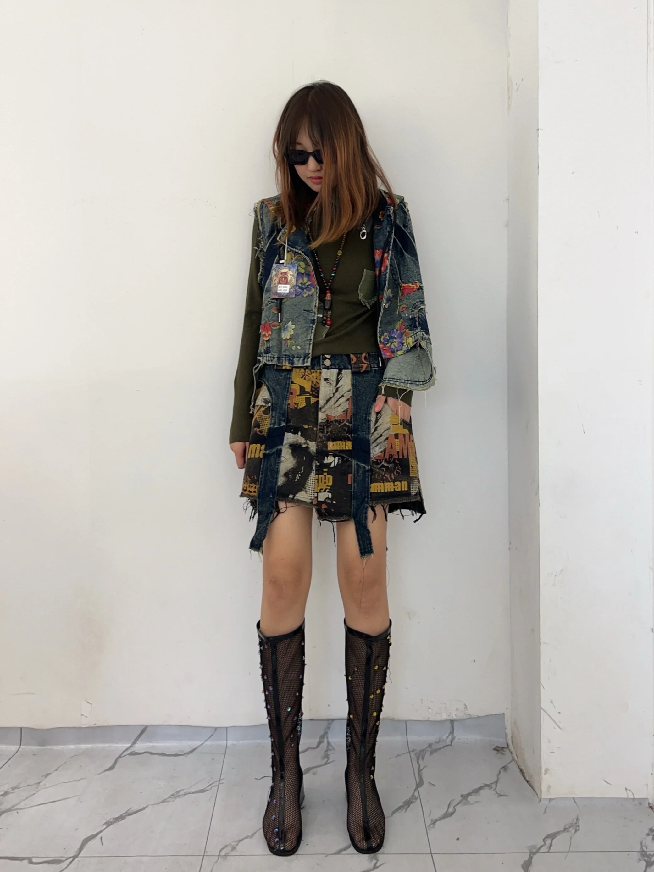 Personalized Trendy Vintage Dress Set Women Printed Denim Hooded Vest + Short Skirt Two-piece Set 2024 Early Autumn ZF134