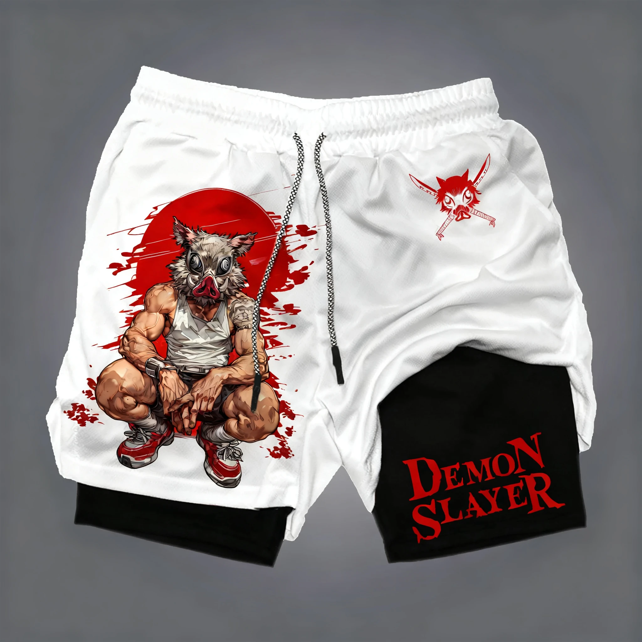 

Demon Slayer Anime Print Double-layered Shorts, American Summer Fitness Men's and Women's Loose and Fashionable Shorts