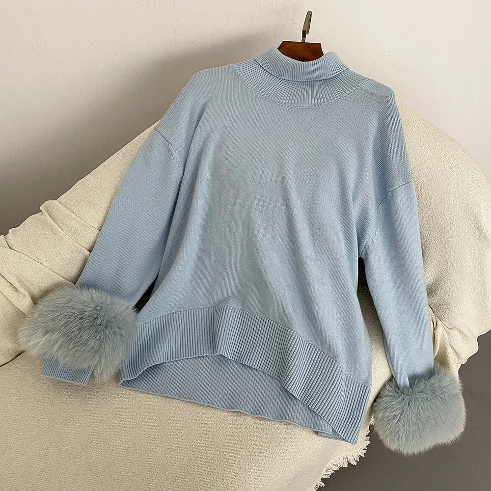 Slim Fit Sweaters Real Fox Fur Coat 2024 Sweater Women Autumn Winter New Fashion Sleeves Natural Fur Knitwear Pull Femme Vintage